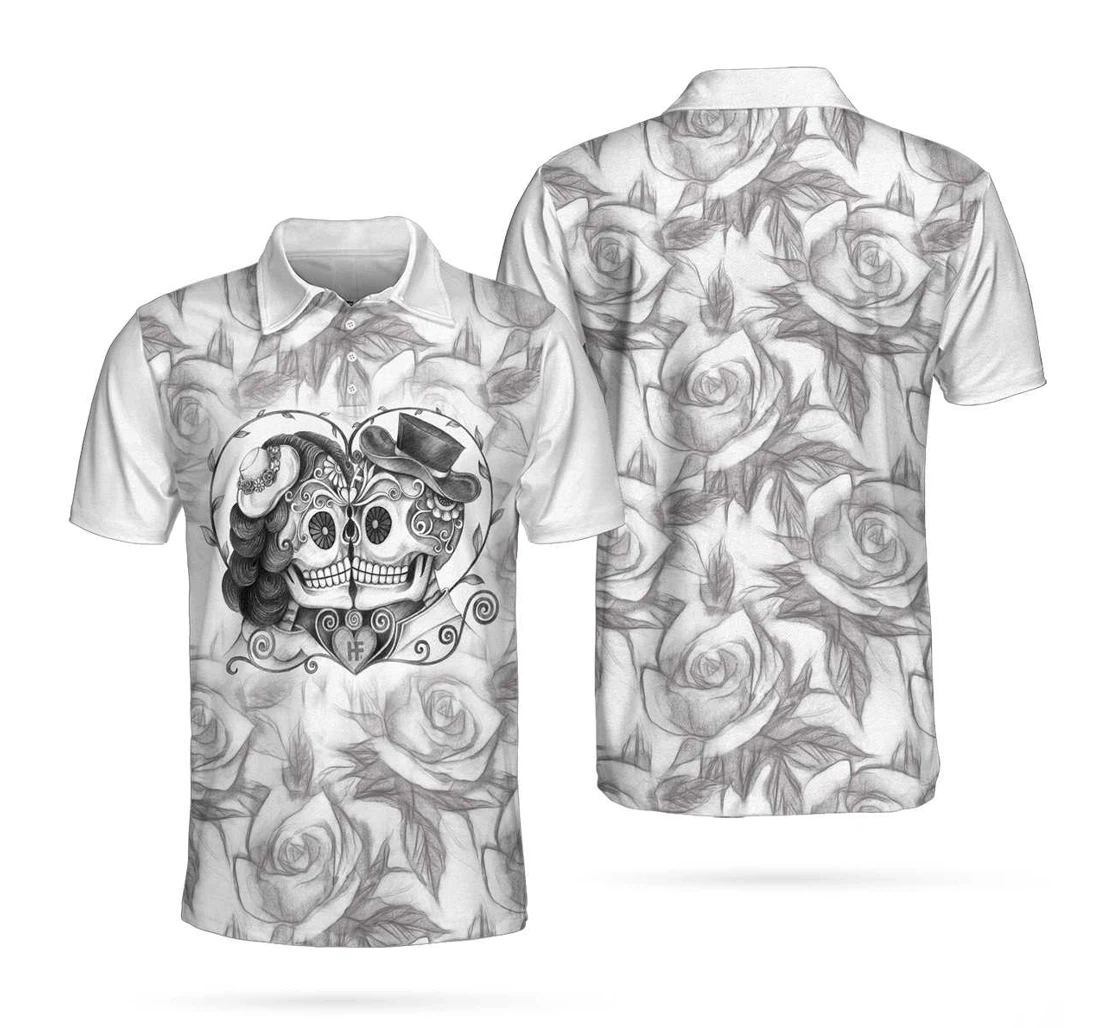 Personalized Golf Sugar Skull Drawing Love Skull Couple Rose Pattern Pencil Sketching Perfect - Polo Shirt