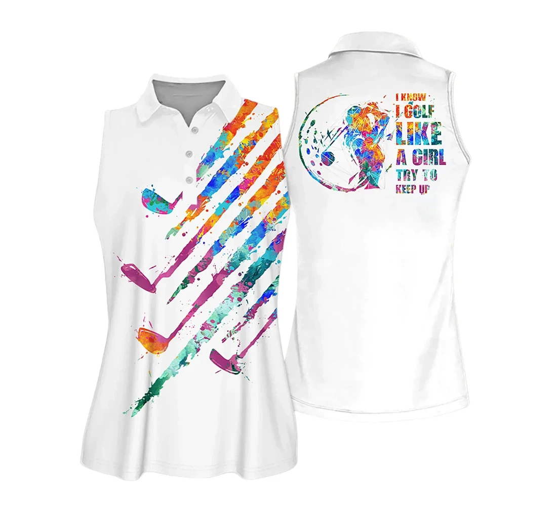 Personalized Golf Watercolor Golf Clubs Pattern I Know I Golf Like A Girl Mother's Day Golfers - Polo Shirt
