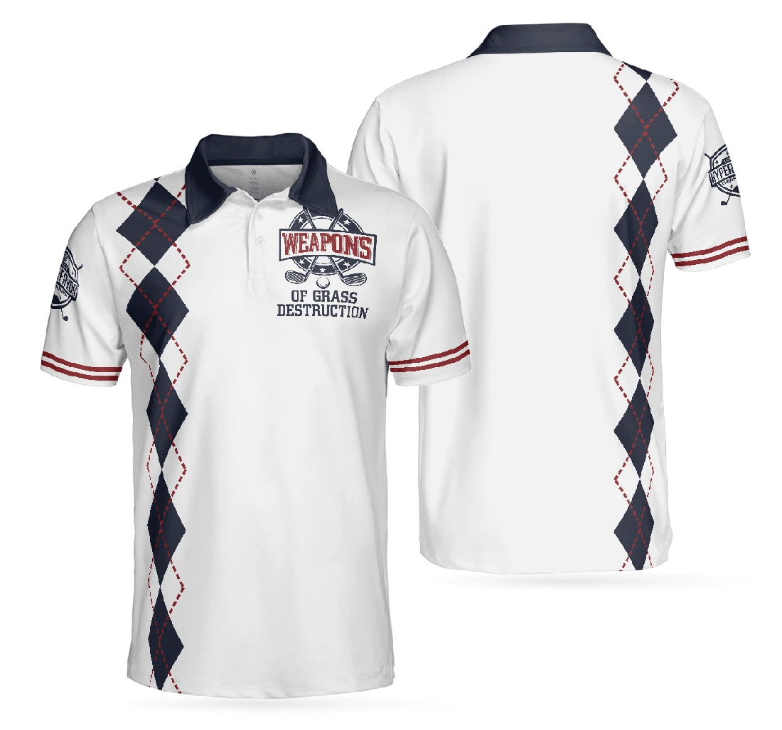 Personalized Golf Weapons Of Grass Destruction White And Navy Argyle Pattern Perfect Golfers Golf Lover - Polo Shirt