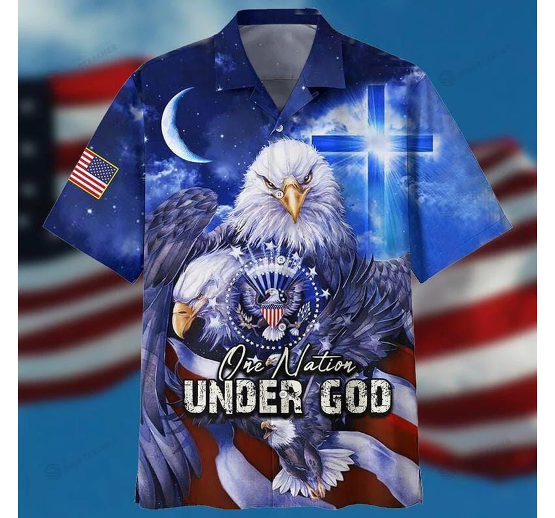 Personalized Patriot Eagle One Nation Under God Independence Day Hawaiian Shirt, Button Up Aloha Shirt For Men, Women