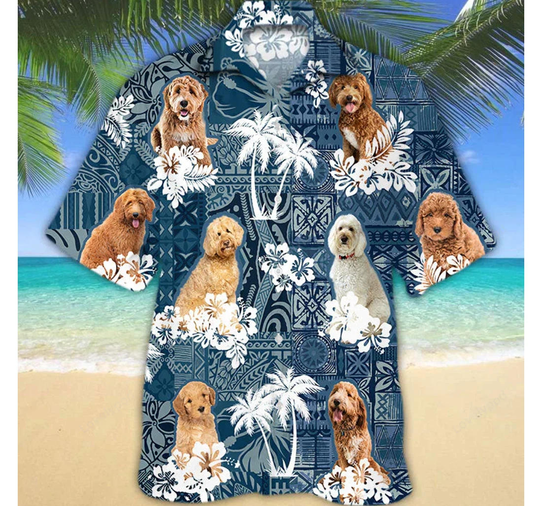 Personalized Goldendoodle Plants Pattern Blue Hawaiian Shirt, Button Up Aloha Shirt For Men, Women