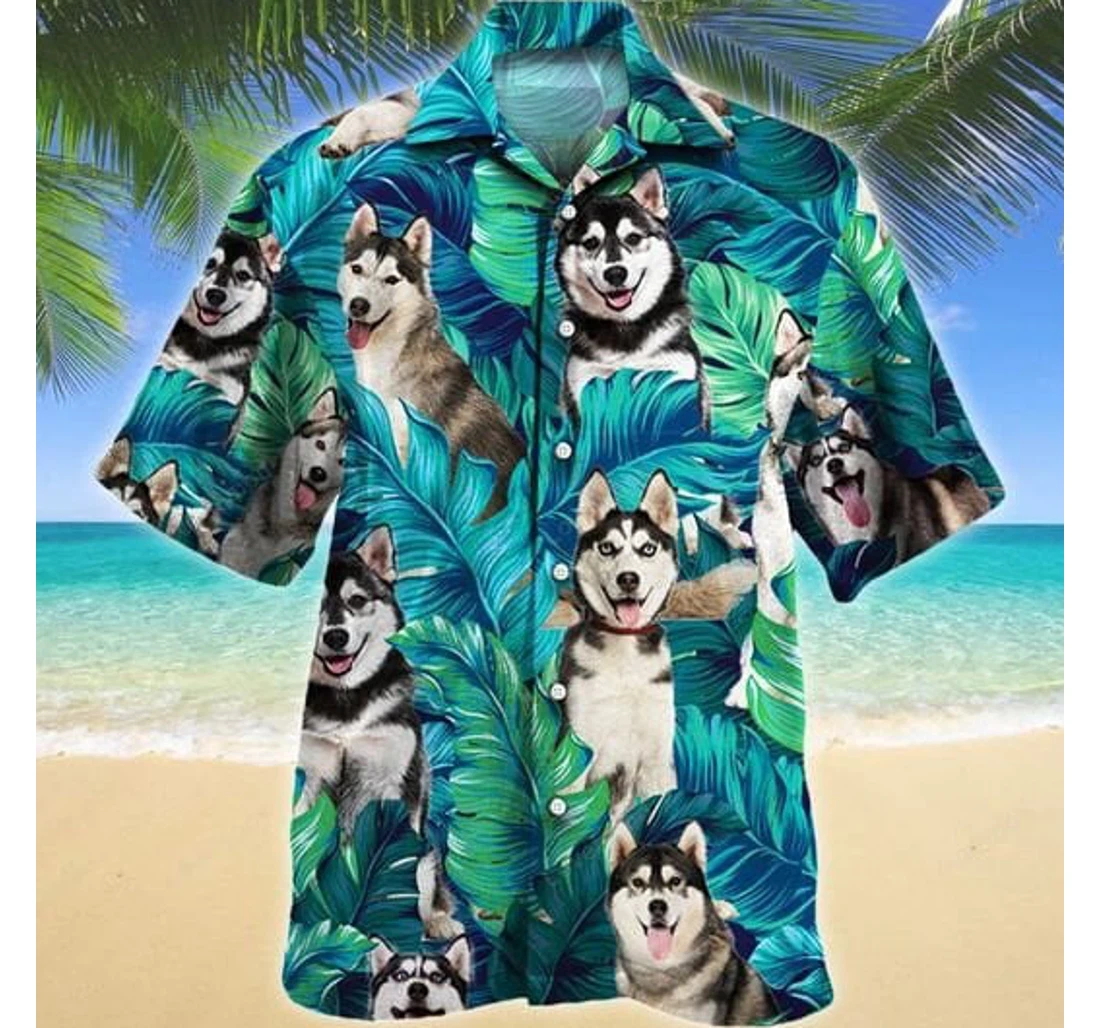 Personalized Siberian Husky Plants Pattern Blue And White Hawaiian Shirt, Button Up Aloha Shirt For Men, Women