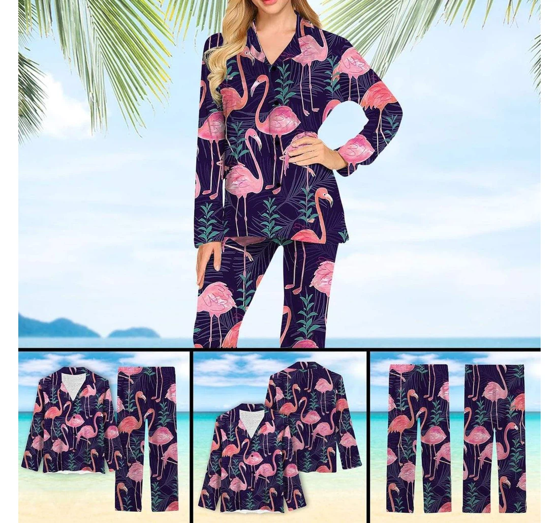 Personalized Lovely Pinky Flamingo Hawaiian Long Silk Pajamas Set Vibefashion Pajamas Set (One Long-Sleeve T-shirt and One Long Pant)