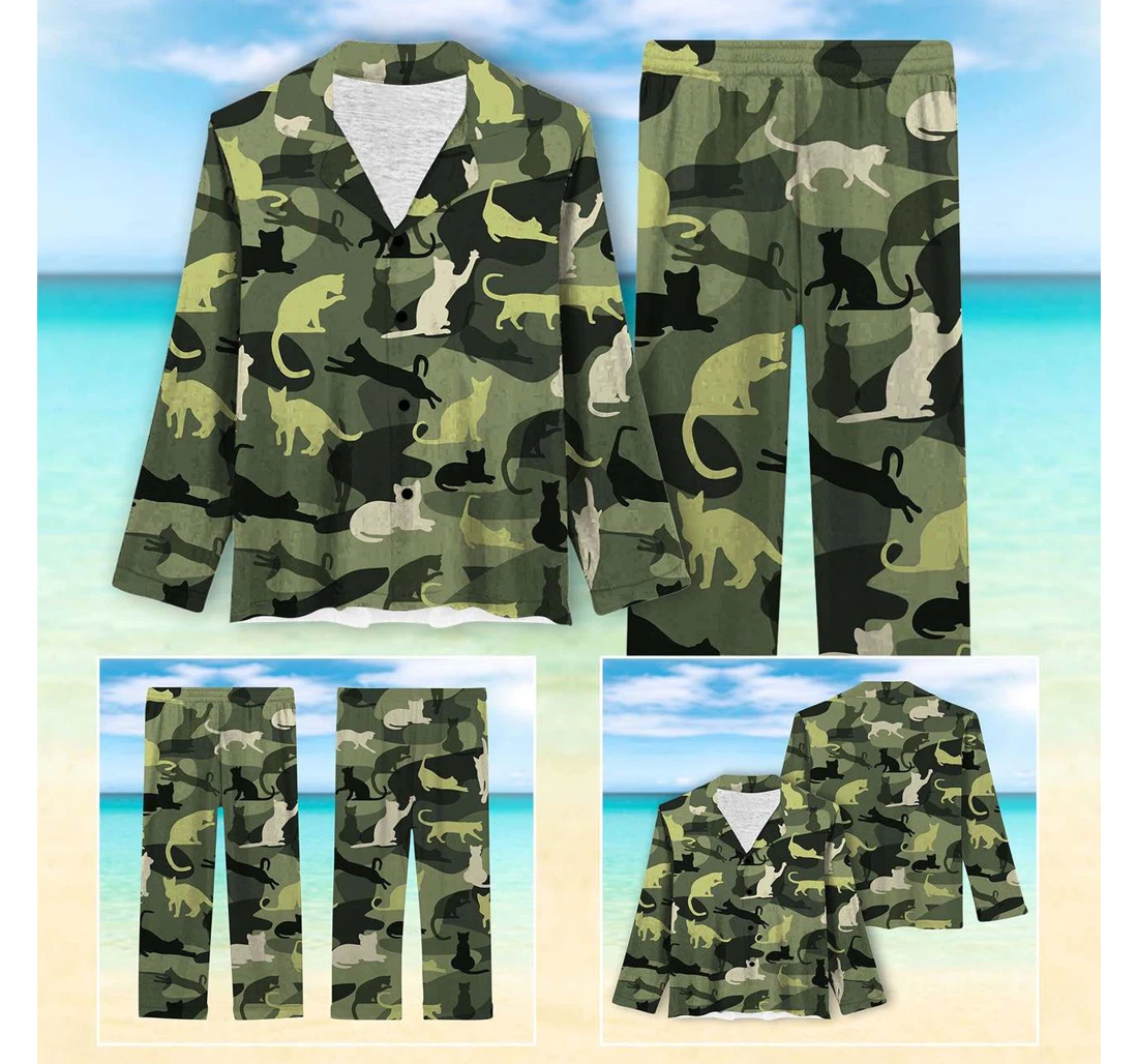 Personalized Cat Lover Camo Hawaiian Long Silk Pajamas Set Vibefashion Pajamas Set (One Long-Sleeve T-shirt and One Long Pant)