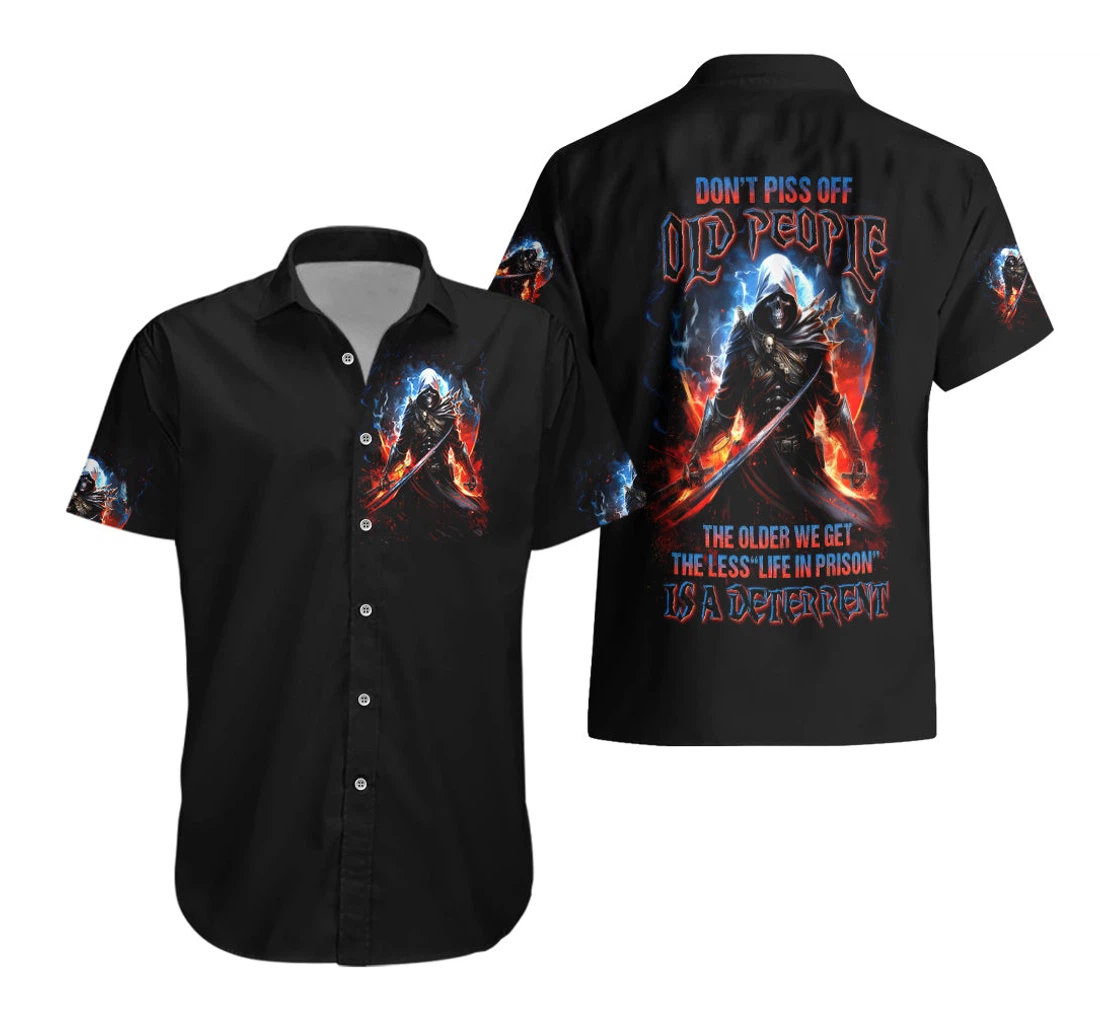 Personalized Warrior Skull Don't Piss Off Old People Dt Hawaiian Shirt, Button Up Aloha Shirt For Men, Women