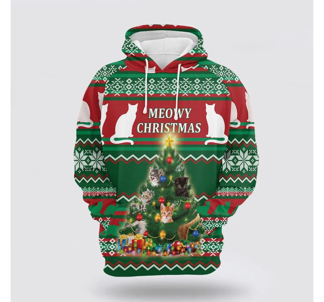 Personalized Christmas Cat Meowy Christmas - 3D Printed Pullover Hoodie