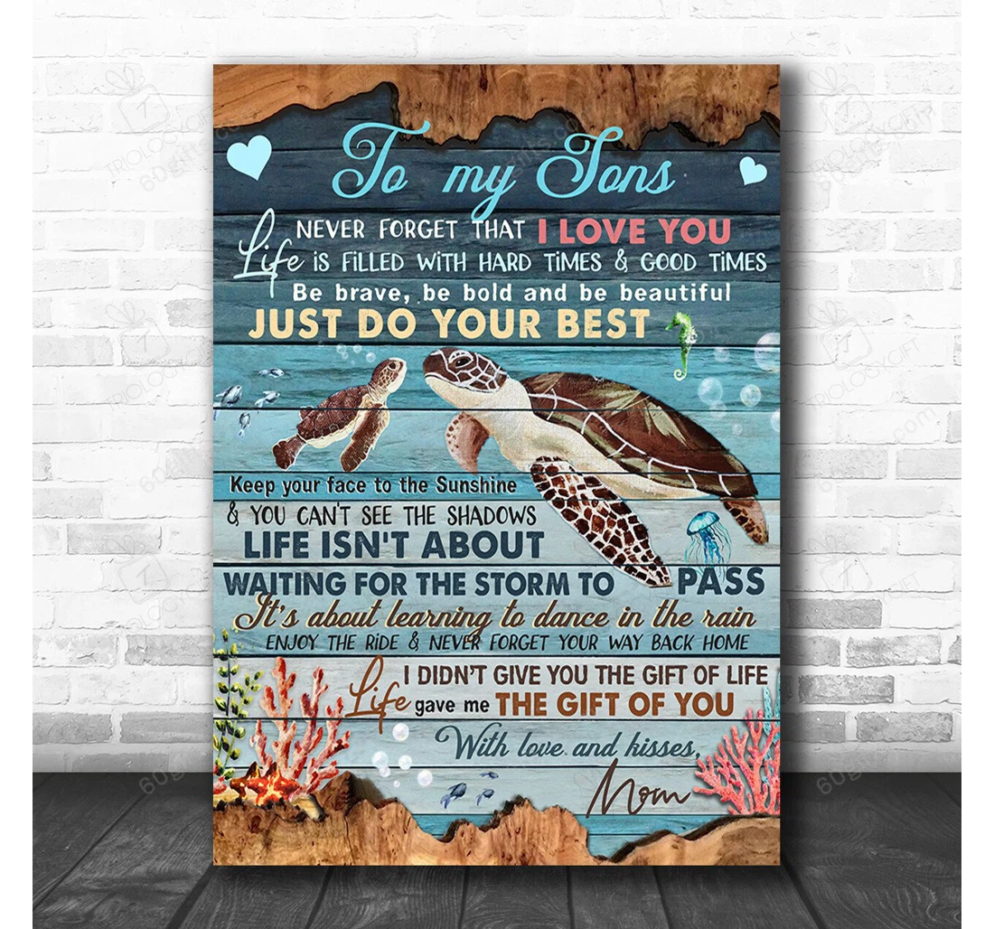 Poster, Canvas - To My Sons From Mom Turtle Coastal Print Framed Wall Art