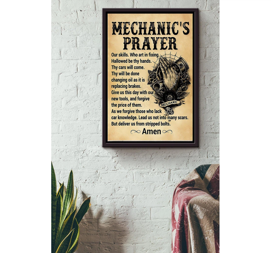 Poster, Canvas - Mechanics Prayer In Fixing Mechanical Engineer Fathers Day Husband Car Repair Shop Car Lover Matte S Print Framed Wall Art