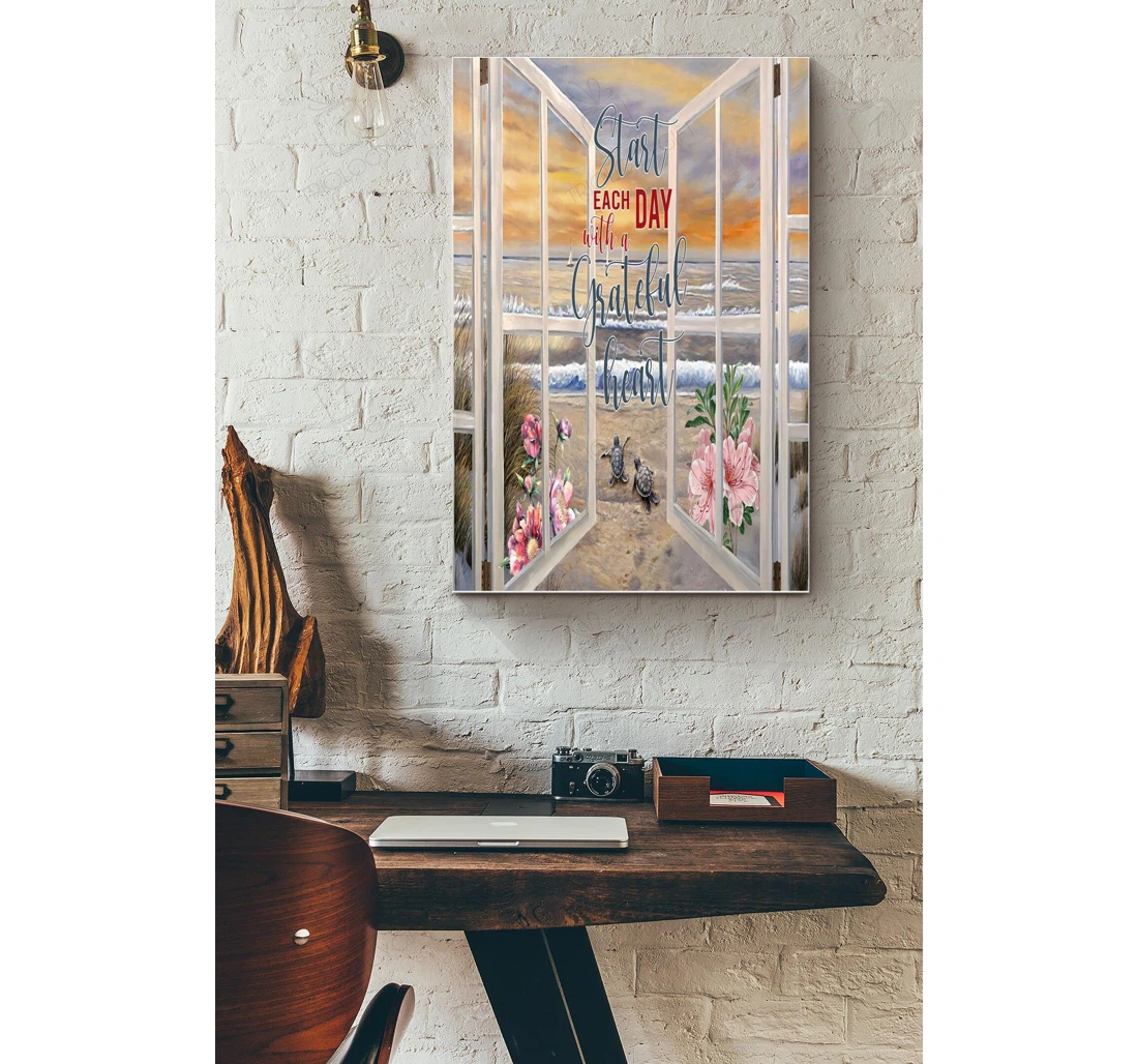 Poster, Canvas - Start Each Day With Grateful Heart Vintage D Window View Idea Beach Lover Ocean Lover S Print Framed Wall Art