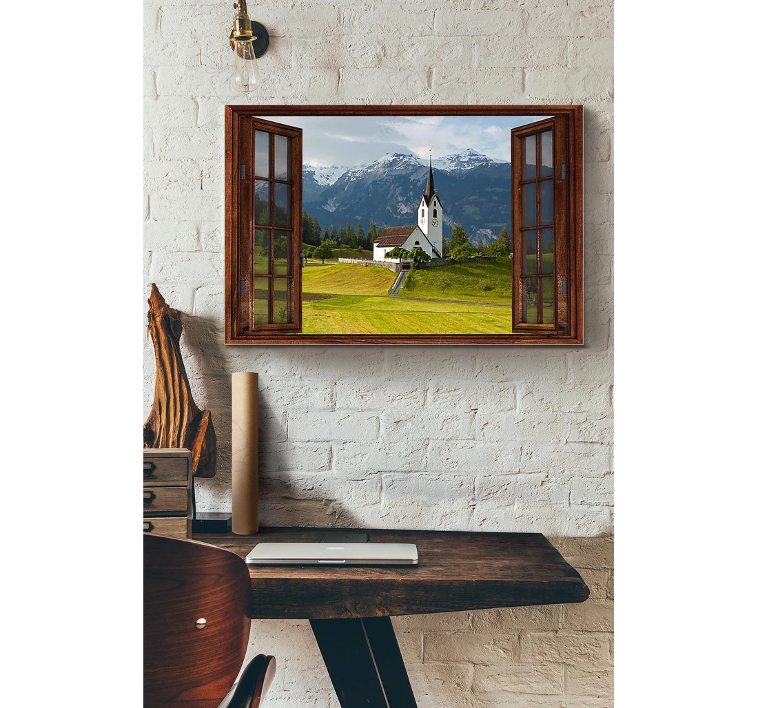 Poster, Canvas - A Churk On The Field Vintage D Window View Idea S Print Framed Wall Art