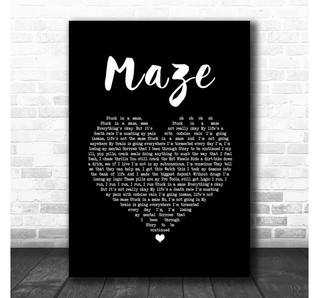 Poster, Canvas - Juice Wrld Maze Black Heart Song Lyric Personalised Lyrics Custom Print Framed Wall Art