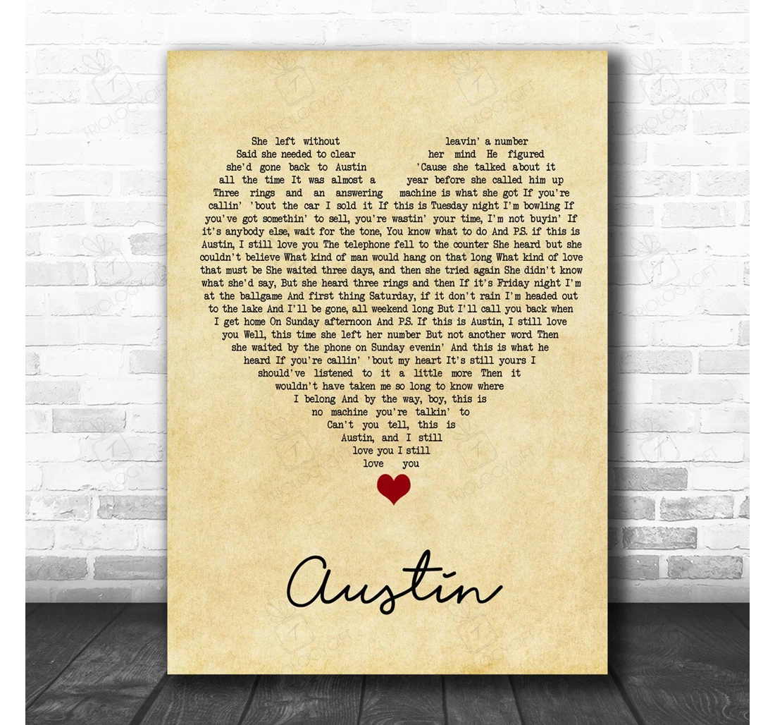 Poster, Canvas - Blake Shelton Austin Vintage Heart Song Lyric Personalised Lyrics Custom Print Framed Wall Art