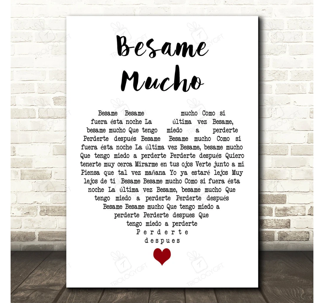 Poster, Canvas - Andrea Bocelli Besame Mucho White Heart Song Lyric Personalised Lyrics Custom Print Framed Wall Art