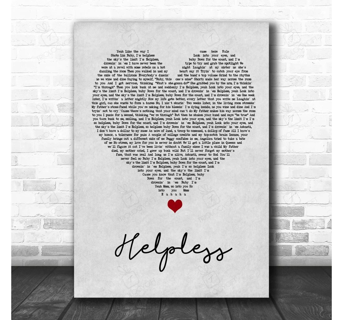 Poster, Canvas - Ashanti Helpless Grey Heart Song Lyric Music Personalised Lyrics Custom Print Framed Wall Art