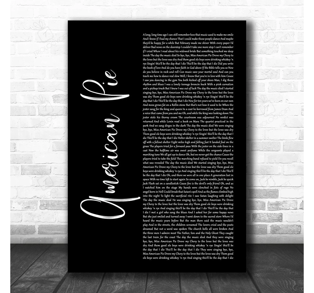 Poster, Canvas - Don Mclean American Pie Black Script Song Lyric Personalised Lyrics Custom Print Framed Wall Art