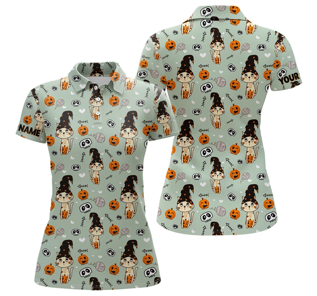 Personalized Cat Seamless Halloween Pattern Green Golf Cute Halloween Golf Ldt - Polo Shirt