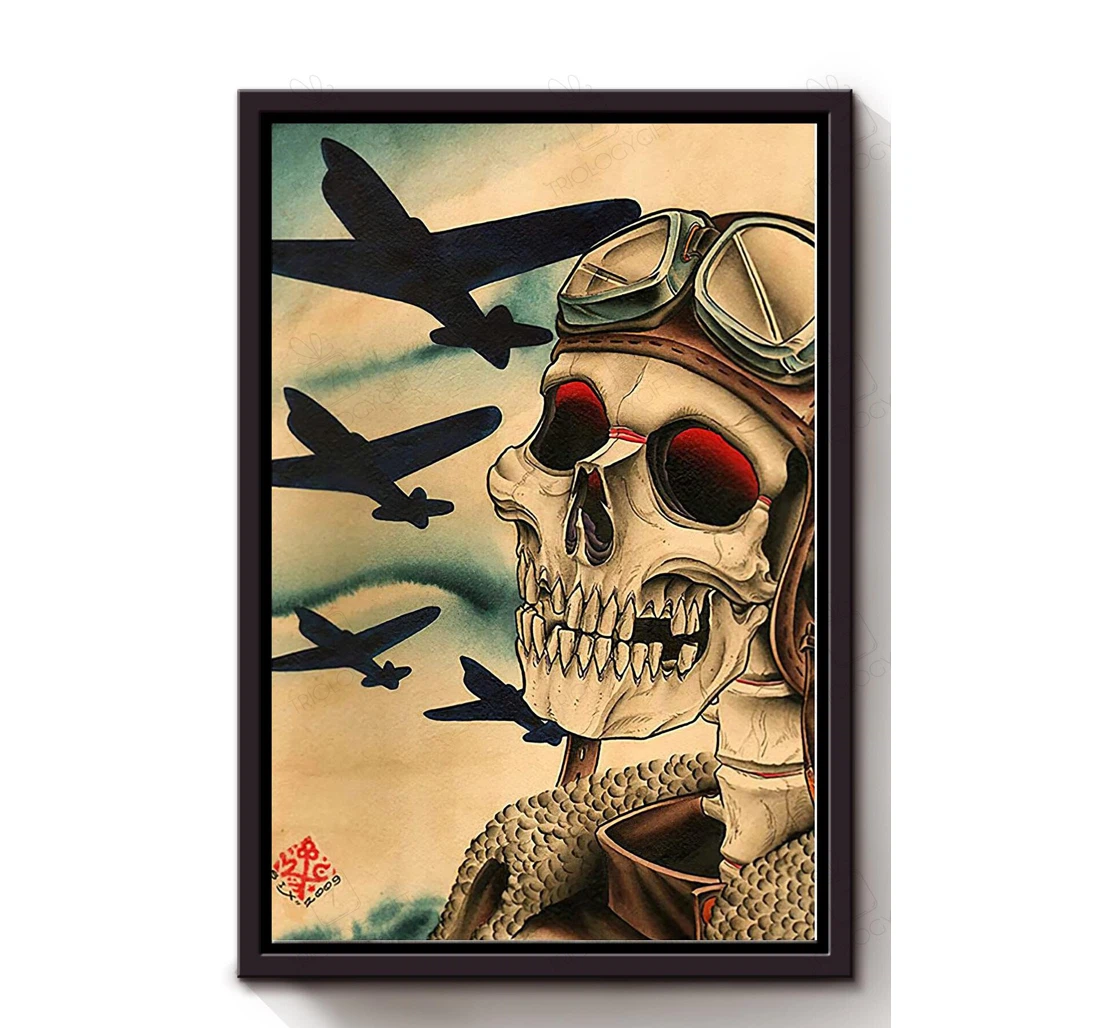 Poster, Canvas - Skull Pilot Vintage Flight Attendant Pilot Frixion S Print Framed Wall Art