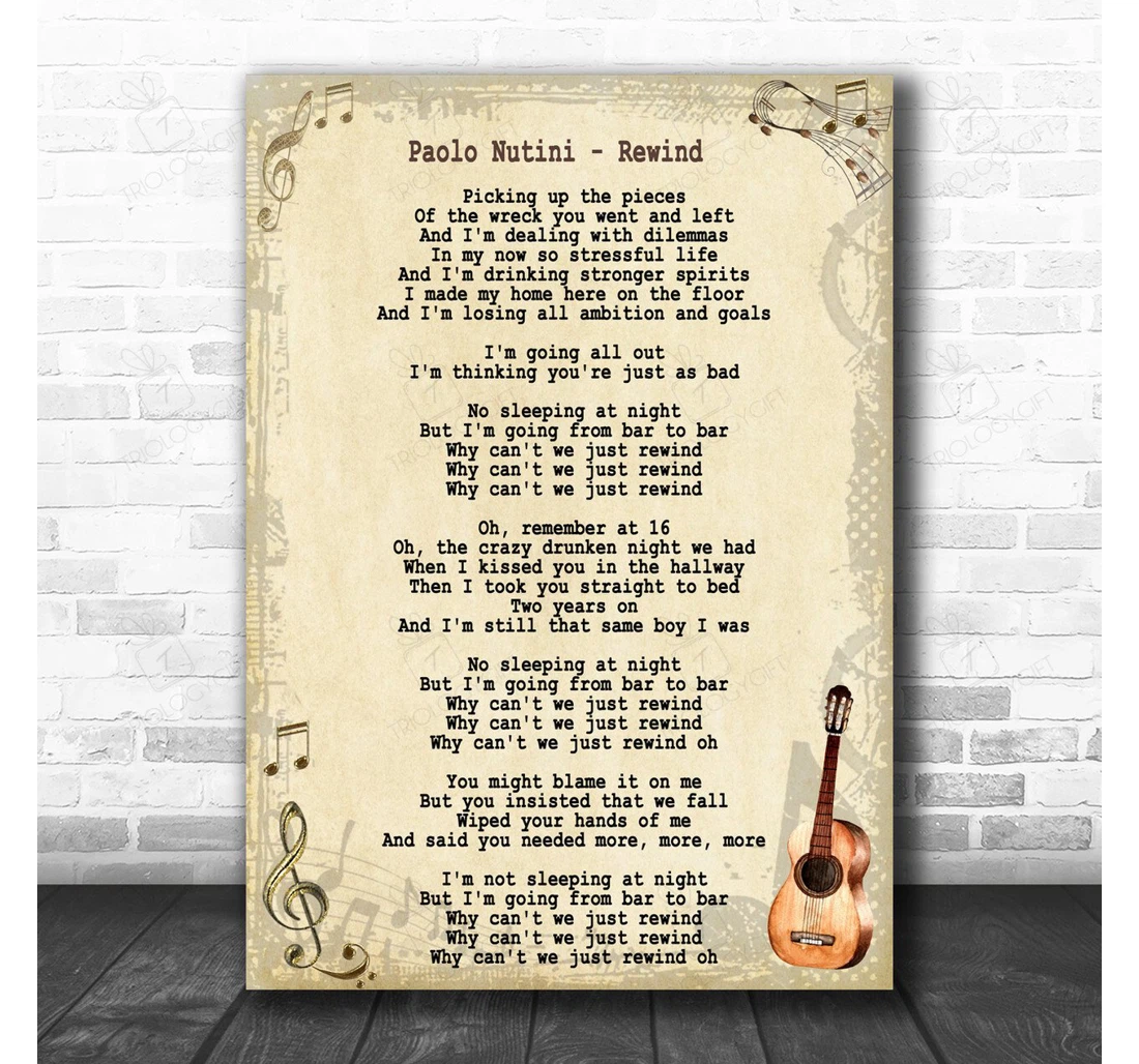 Poster, Canvas - Paolo Nutini Rewind Song Lyric Vintage Music Lyrics Print Framed Wall Art