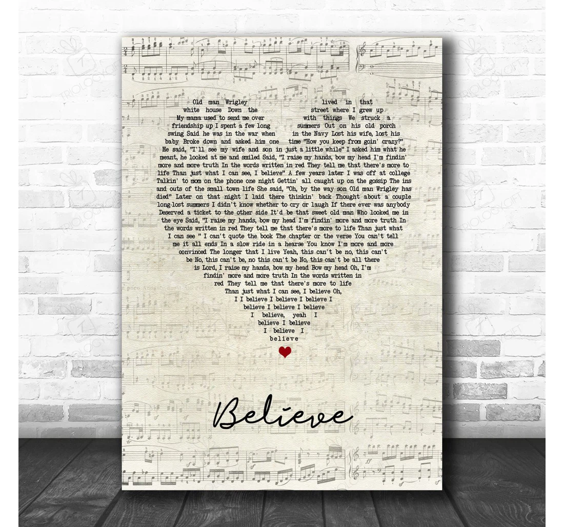 Poster, Canvas - Brooks Dunn Believe Script Heart Song Lyric Music Personalised Lyrics Custom Print Framed Wall Art