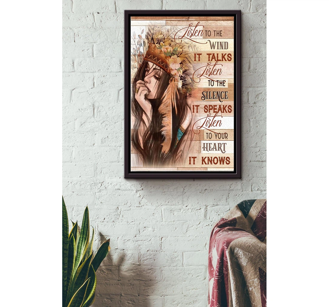 Poster, Canvas - Native American Girl Listen To The Nature Native American Girl Environment Lover Local Culture Lover American Lover Wild Lover Female Matte S Print Framed Wall Art