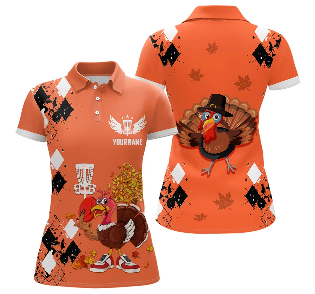 Personalized Turkey Bird Thanksgiving Disc Golf Argyle Orange Custom Disc Golf Ldt - Polo Shirt