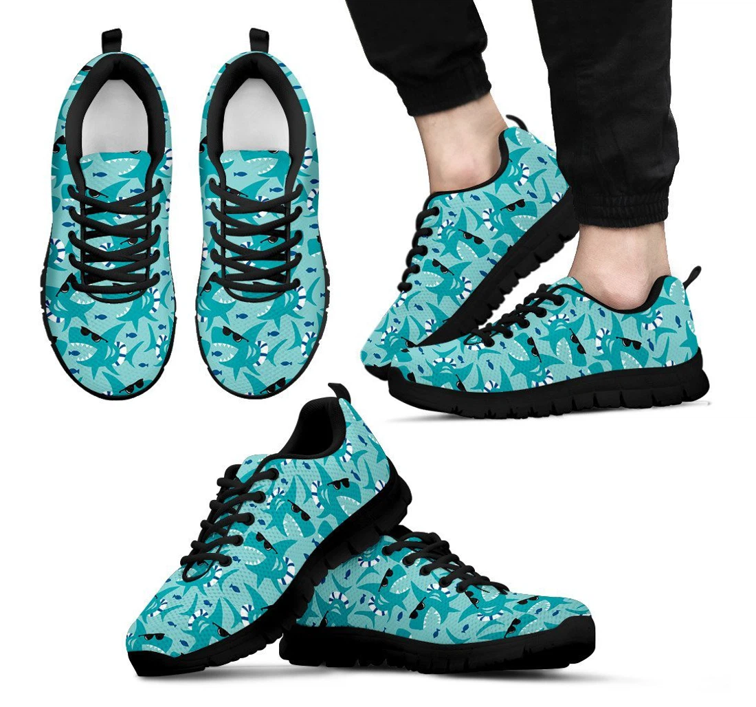 Shark Pattern Print Black Sneaker Shoes For Men Women