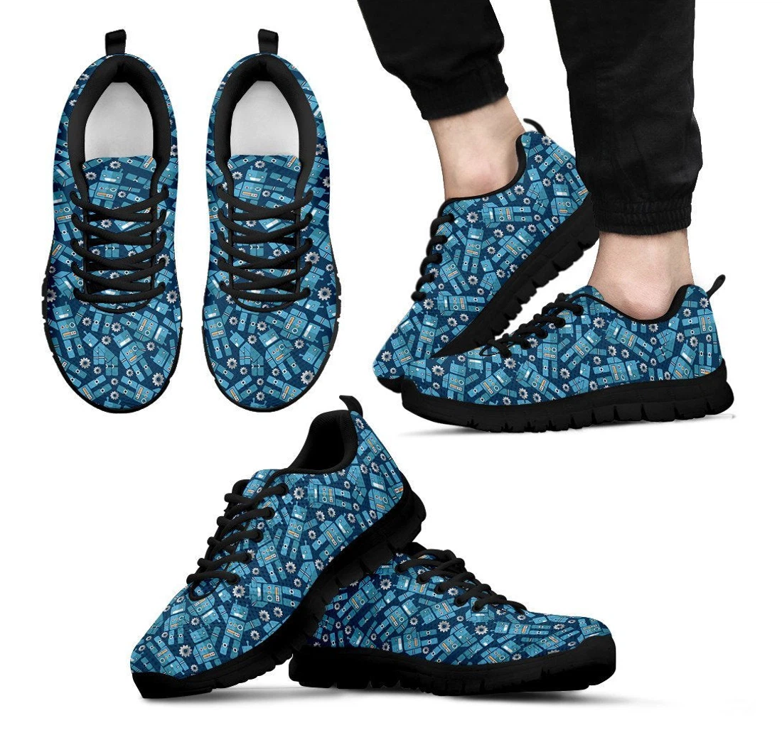 Robot Cyborg Pattern Print Black Sneaker Shoes For Men Women