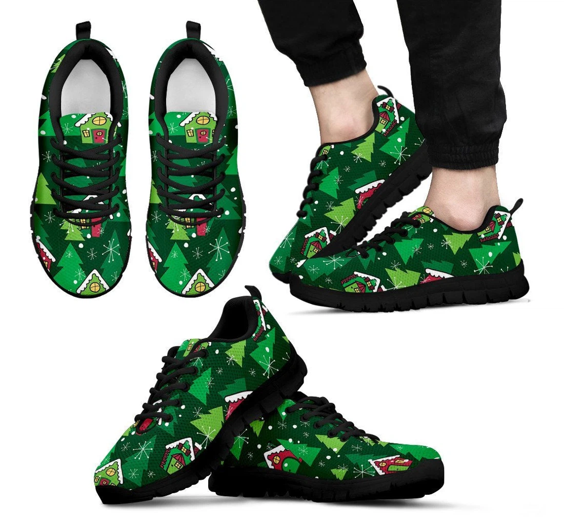 Christmas Tree Pattern Print Black Sneaker Shoes For Men Women