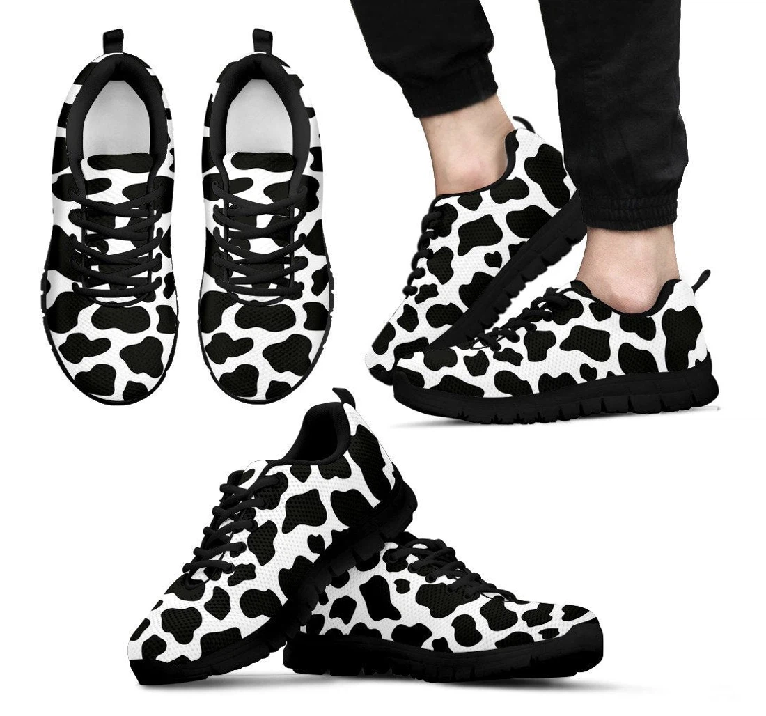 Black Cow Pattern Print Black Sneaker Shoes For Men Women