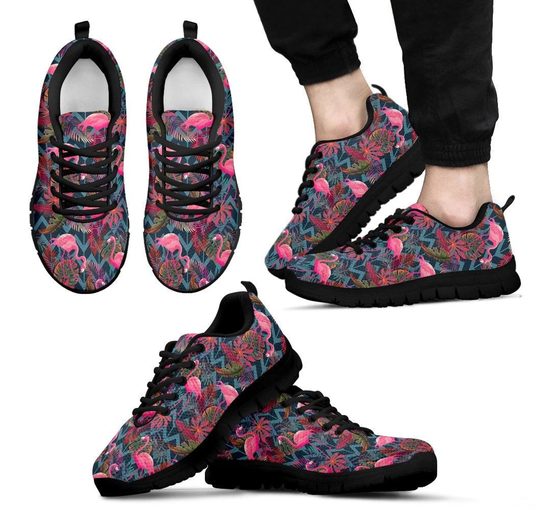Flamingo Stripe Hawaiian Tropical Pattern Print Black Sneaker Shoes For Men Women