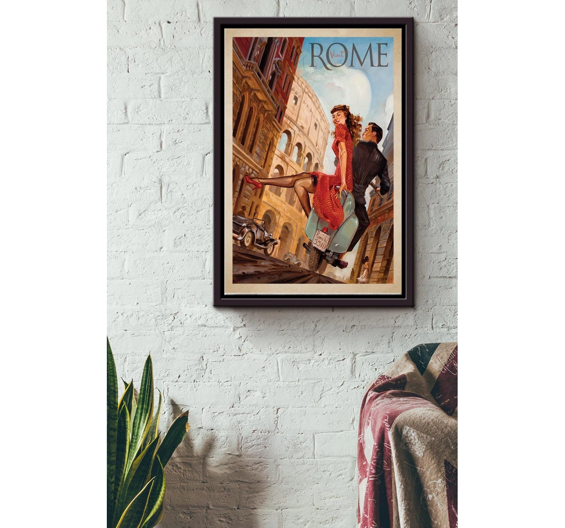 Poster, Canvas - Vintage Visit Rome Travel Matte Print Framed Wall Art