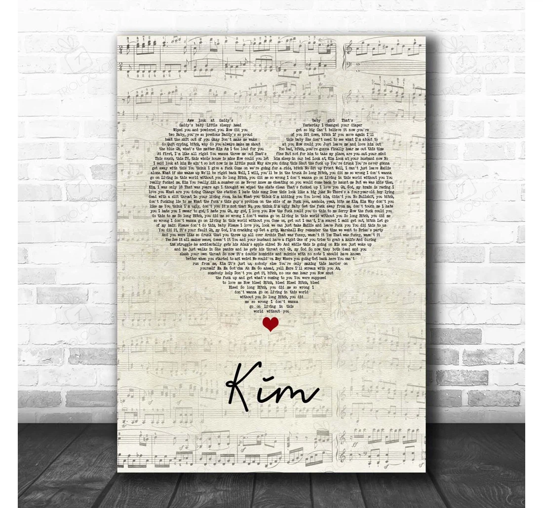 Poster, Canvas - Eminem Kim Script Heart Song Lyric Personalised Lyrics Custom Print Framed Wall Art