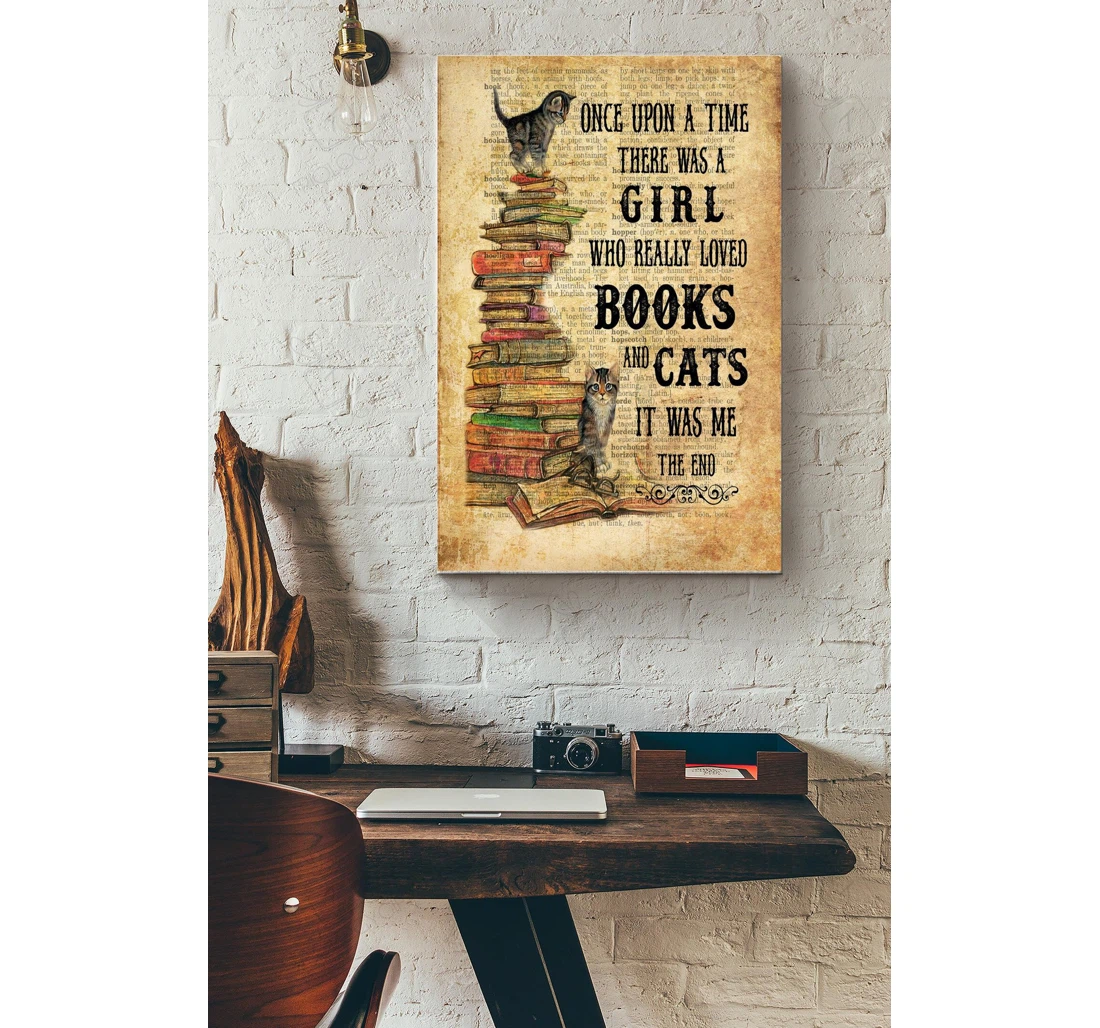 Poster, Canvas - Once Upon A Time Girl Loved Books And Cats Vintage Girl Cat Lover Lover Book Lover Reader Gallery Idea S Print Framed Wall Art