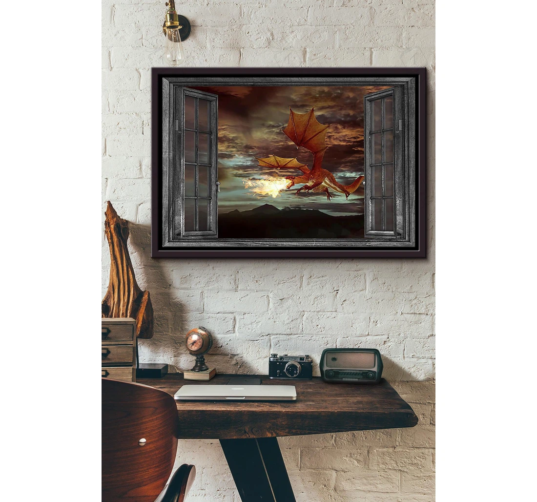 Poster, Canvas - Window Sunrise Fire Dragon N Matte Print Framed Wall Art