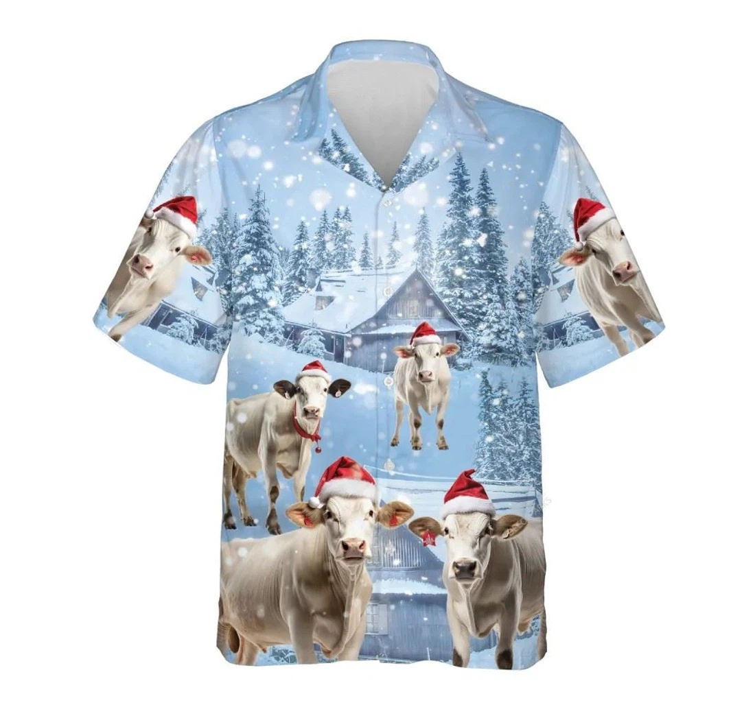 Personalized Brahman Cow Snowy Christmas Xmas Hawaiian Shirt, Button Up Aloha Shirt For Men, Women