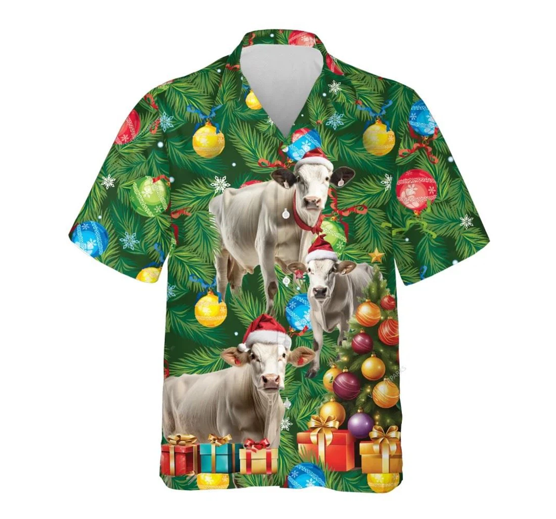 Personalized Brahman Cow Christmas Tree Xmas Hawaiian Shirt, Button Up Aloha Shirt For Men, Women