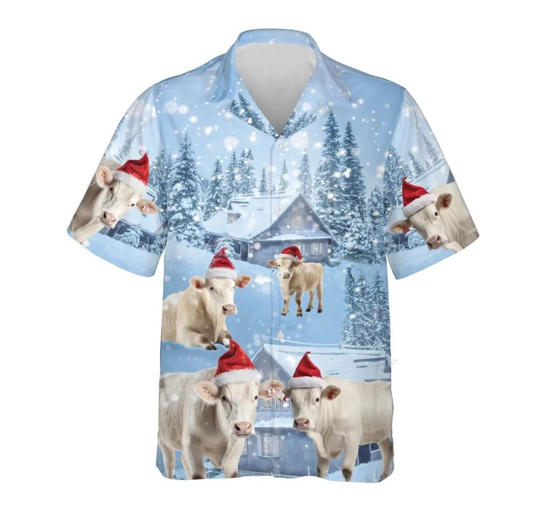 Personalized Charolais Cow Snowy Christmas Xmas Hawaiian Shirt, Button Up Aloha Shirt For Men, Women