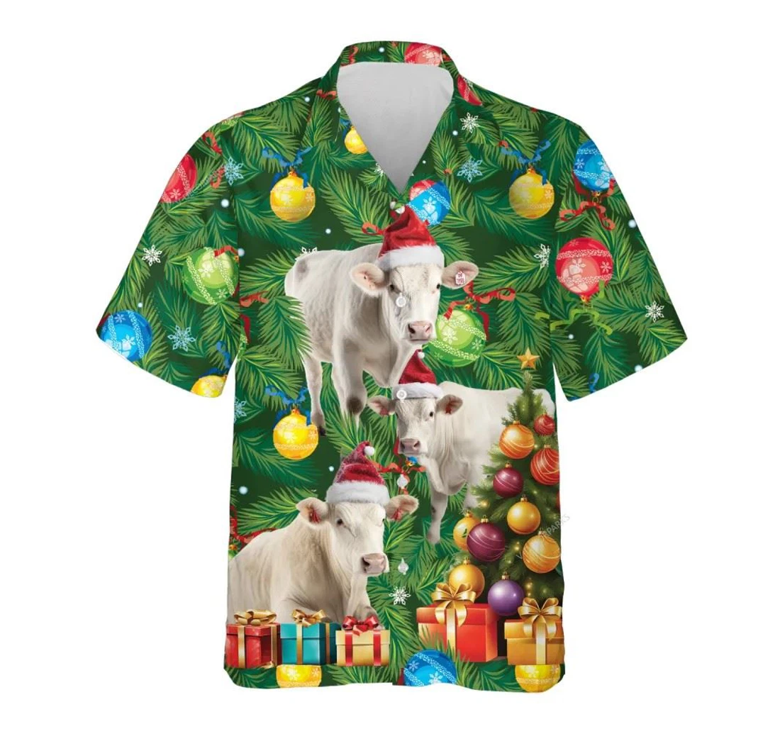 Personalized Charolais Cow Christmas Tree Xmas Hawaiian Shirt, Button Up Aloha Shirt For Men, Women