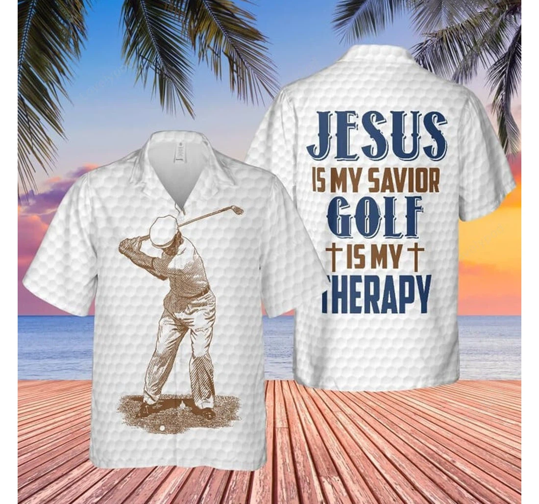 Personalized Jesus Is My Savior Golf Is My Therapy Gy Hawaiian Shirt, Button Up Aloha Shirt For Men, Women