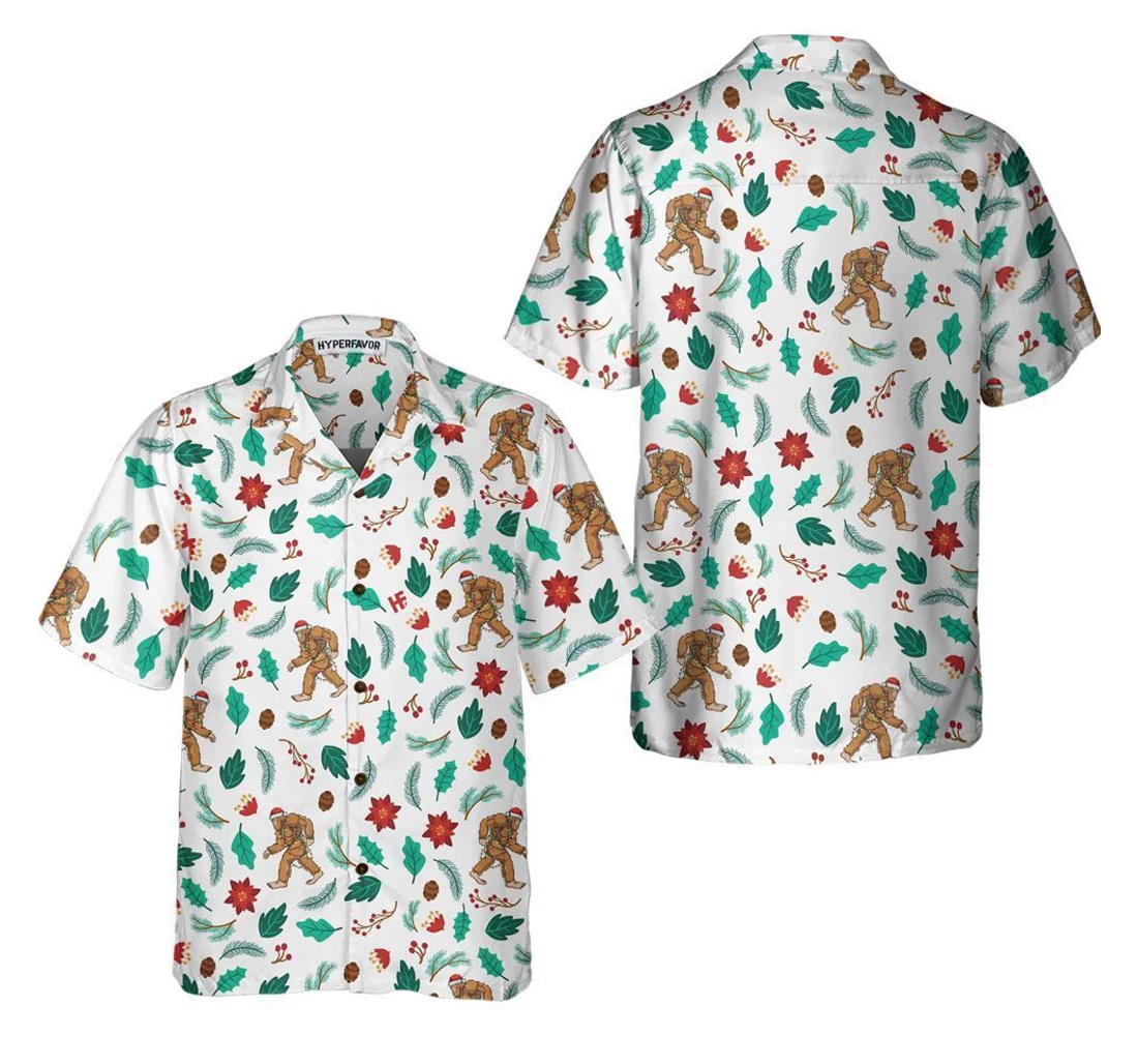 Personalized Christmas Bigfoot Sasquatch Pattern Xmas Hawaiian Shirt, Button Up Aloha Shirt For Men, Women