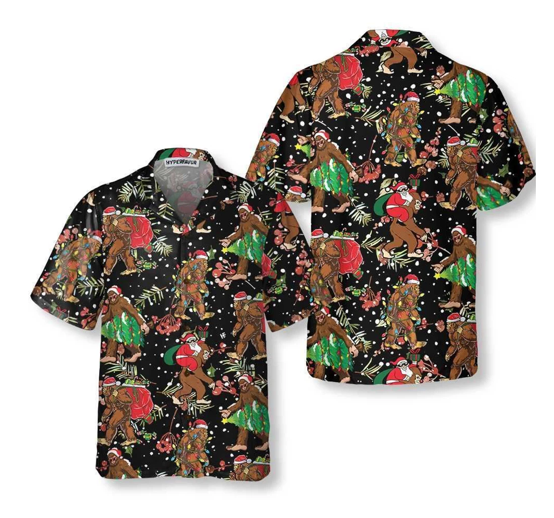 Personalized Bigfoot Santa Claus With Christmas Pattern Xmas Hawaiian Shirt, Button Up Aloha Shirt For Men, Women