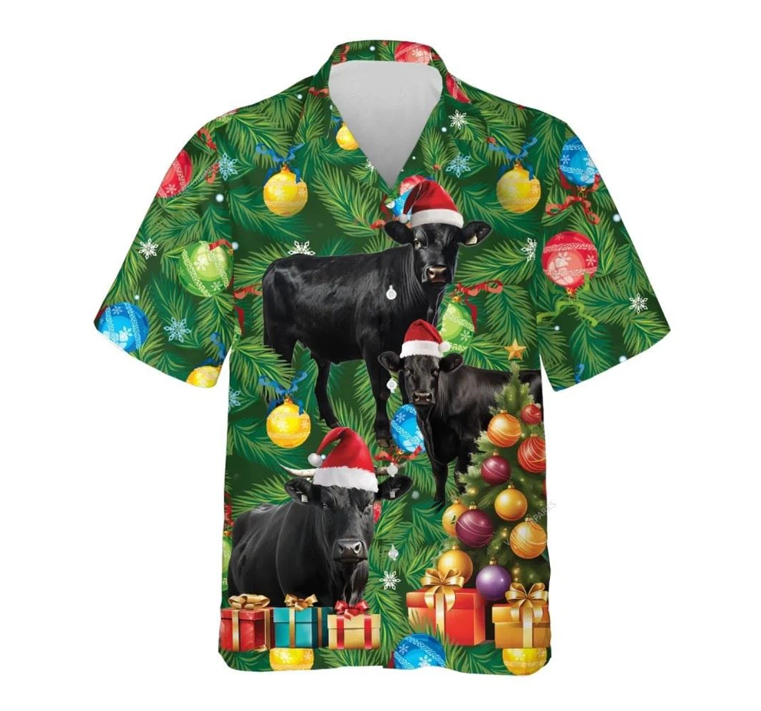 Personalized Black Angus Cow Christmas Xmas Hawaiian Shirt, Button Up Aloha Shirt For Men, Women