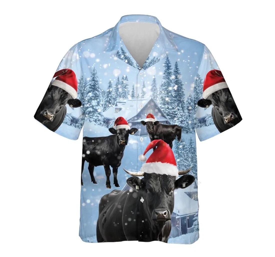 Personalized Black Angus Cow Snowy Christmas Xmas Hawaiian Shirt, Button Up Aloha Shirt For Men, Women