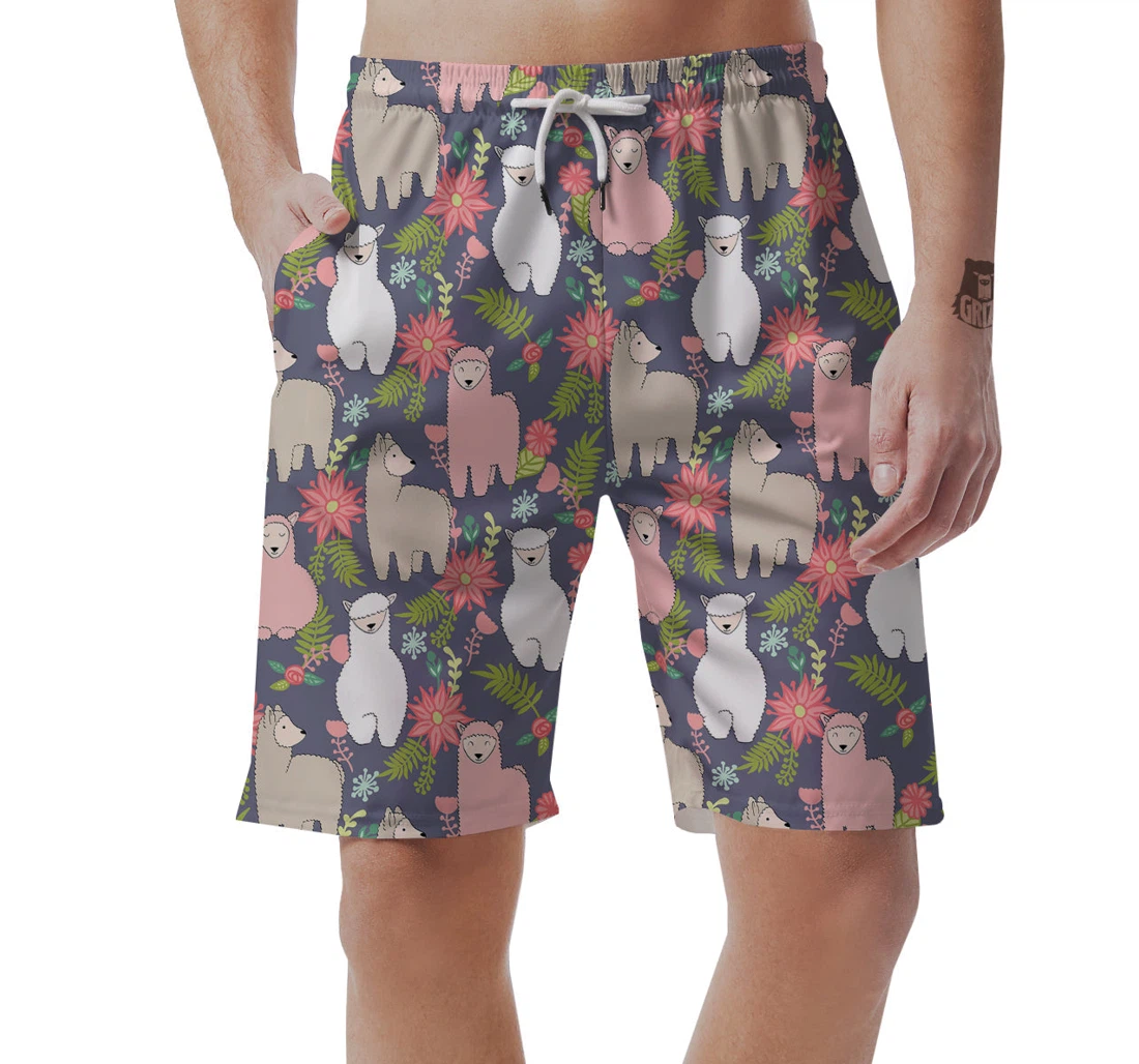 Personalized Alpaca Floral Pattern Print Men's Shorts