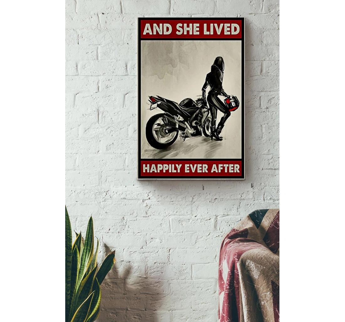 Poster, Canvas - Motorcycle Lived Happily Ever After Cnavas Girl Girlfriend Dirt Bike Lover Raccer Racing Club Motorcycle Club Motorcycle Shop Biker Lover Biker Idea Print Framed Wall Art