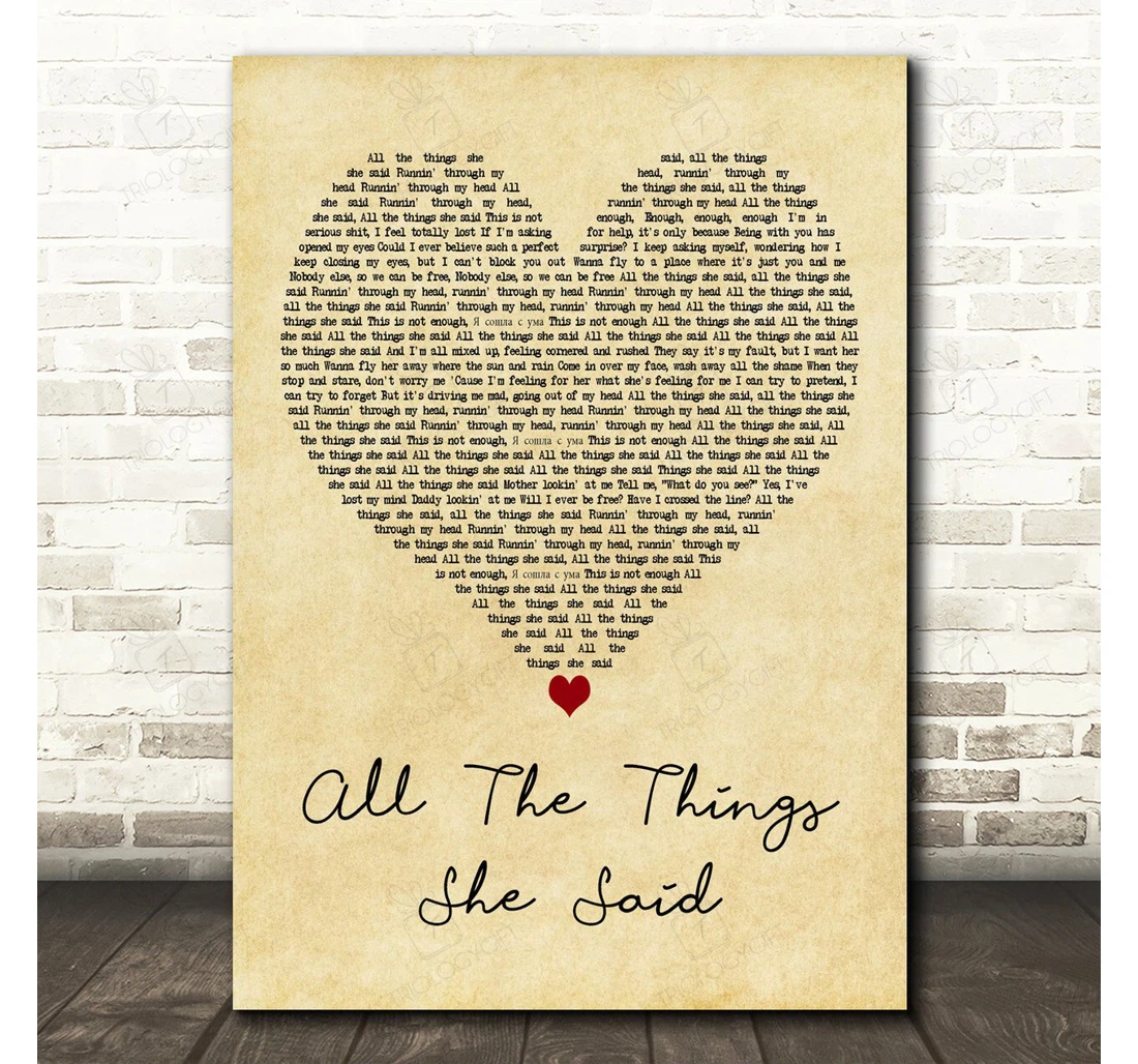 Poster, Canvas - T A T U All The Things She Said Vintage Heart Song Lyric Personalised Lyrics Custom Print Framed Wall Art