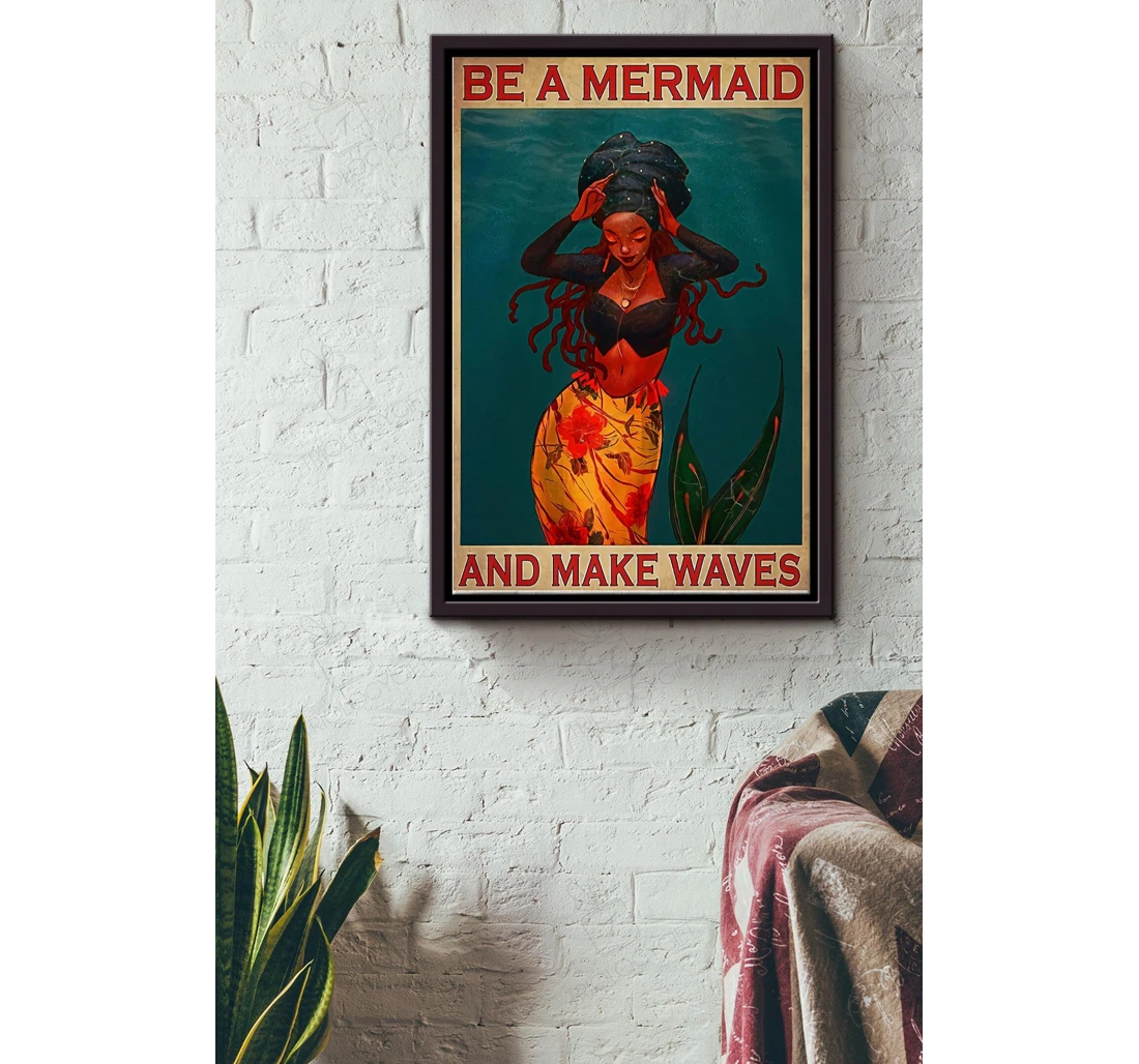 Poster, Canvas - Be A Mermaid And Make Waves Vintage Mermaid Fairy Tales Lover Girls Bff Matte S Print Framed Wall Art