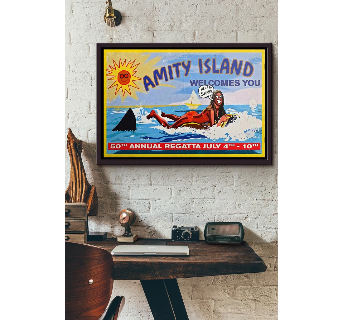 Poster, Canvas - Amity Island Welcomes You N Matte Print Framed Wall Art