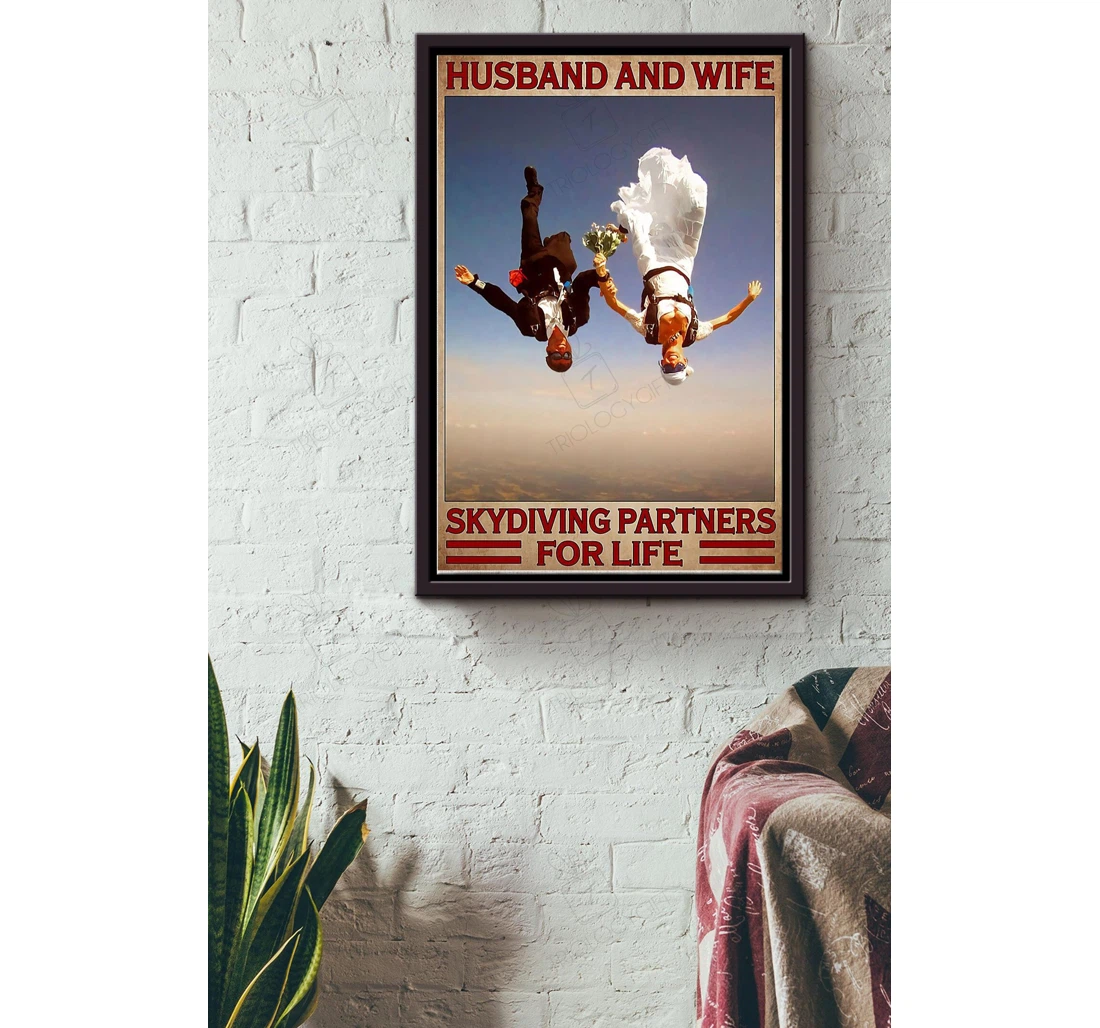 Poster, Canvas - Husband And Wife Skydiving Partners Life Sport Wedding Couple Skydiving Lover Sport Lover Athletes Matte S Print Framed Wall Art
