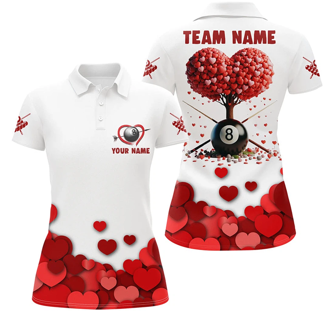 Personalized Valentine Ball Pool With Red Hearts Tree Custom Billiard Valentines Sport Tdm - Polo Shirt